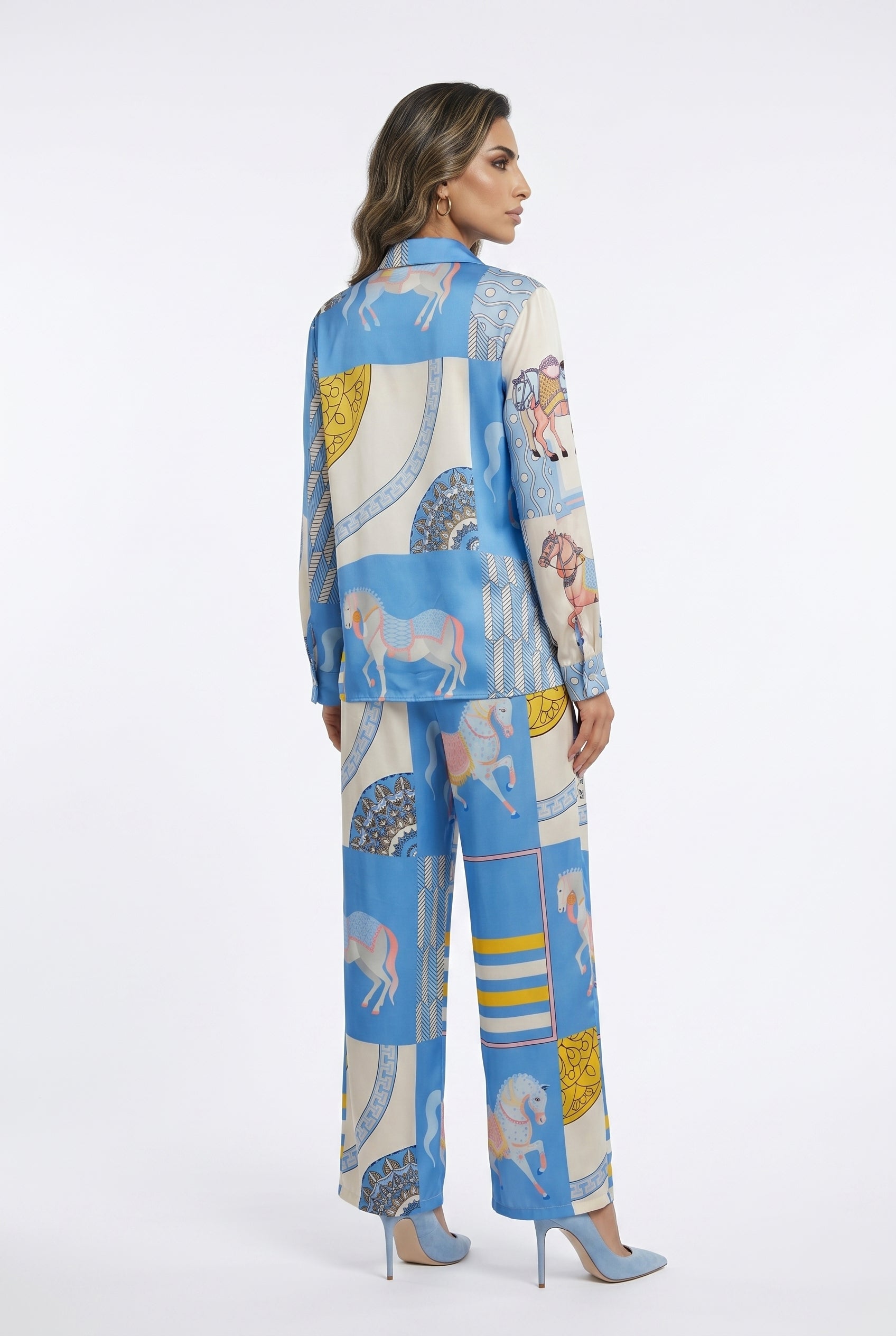 KD9966/6637-20 Equestrian Printed Satin Top and Pants - Brown Loft