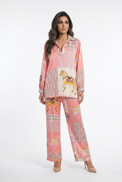 KD9966/6637-20 Equestrian Printed Satin Top and Pants - Brown Loft