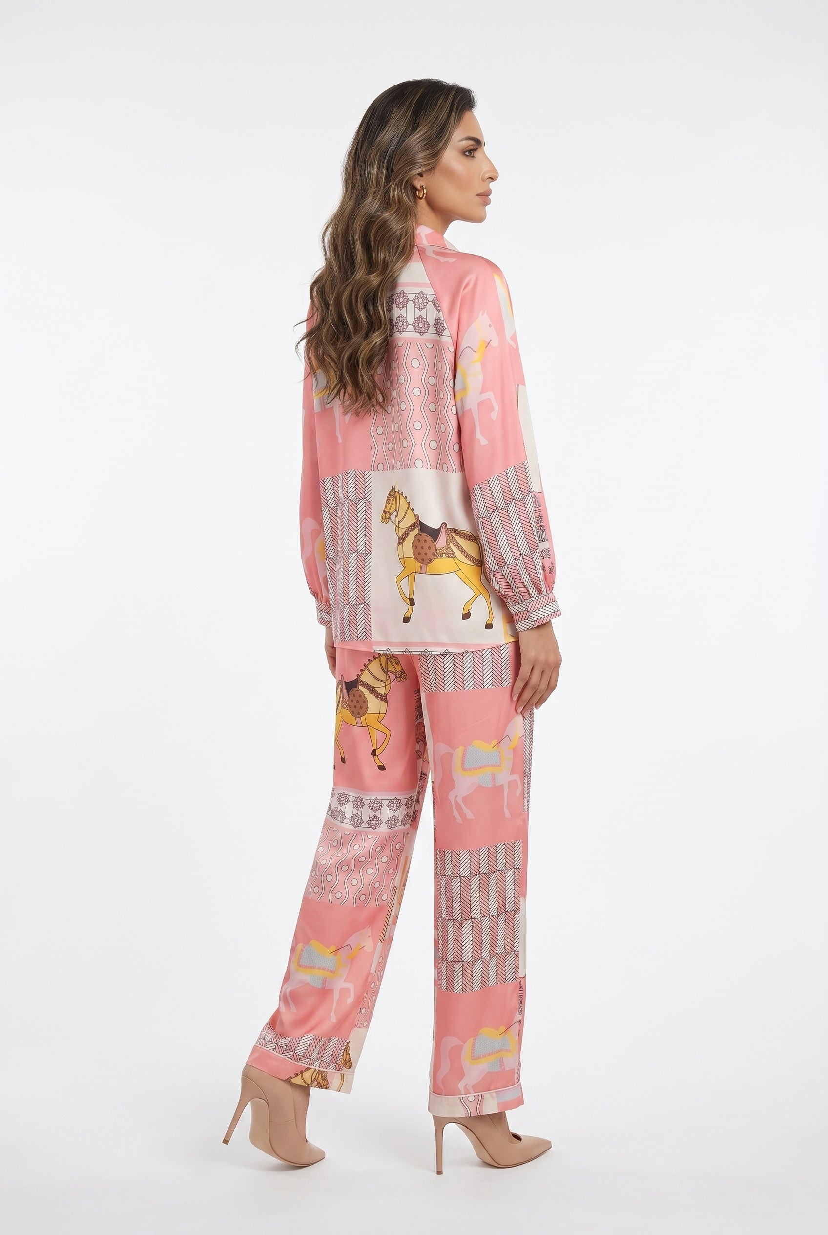 KD9966/6637-20 Equestrian Printed Satin Top and Pants - Brown Loft