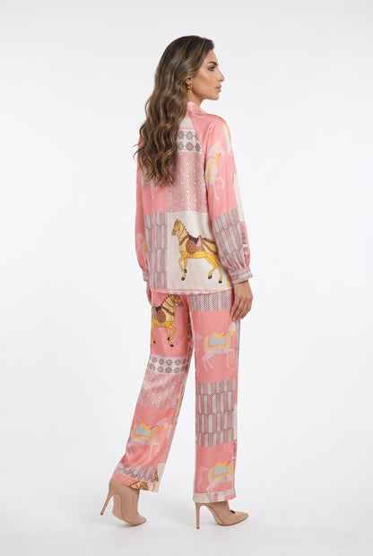 KD9966/6637-20 Equestrian Printed Satin Top and Pants - Brown Loft