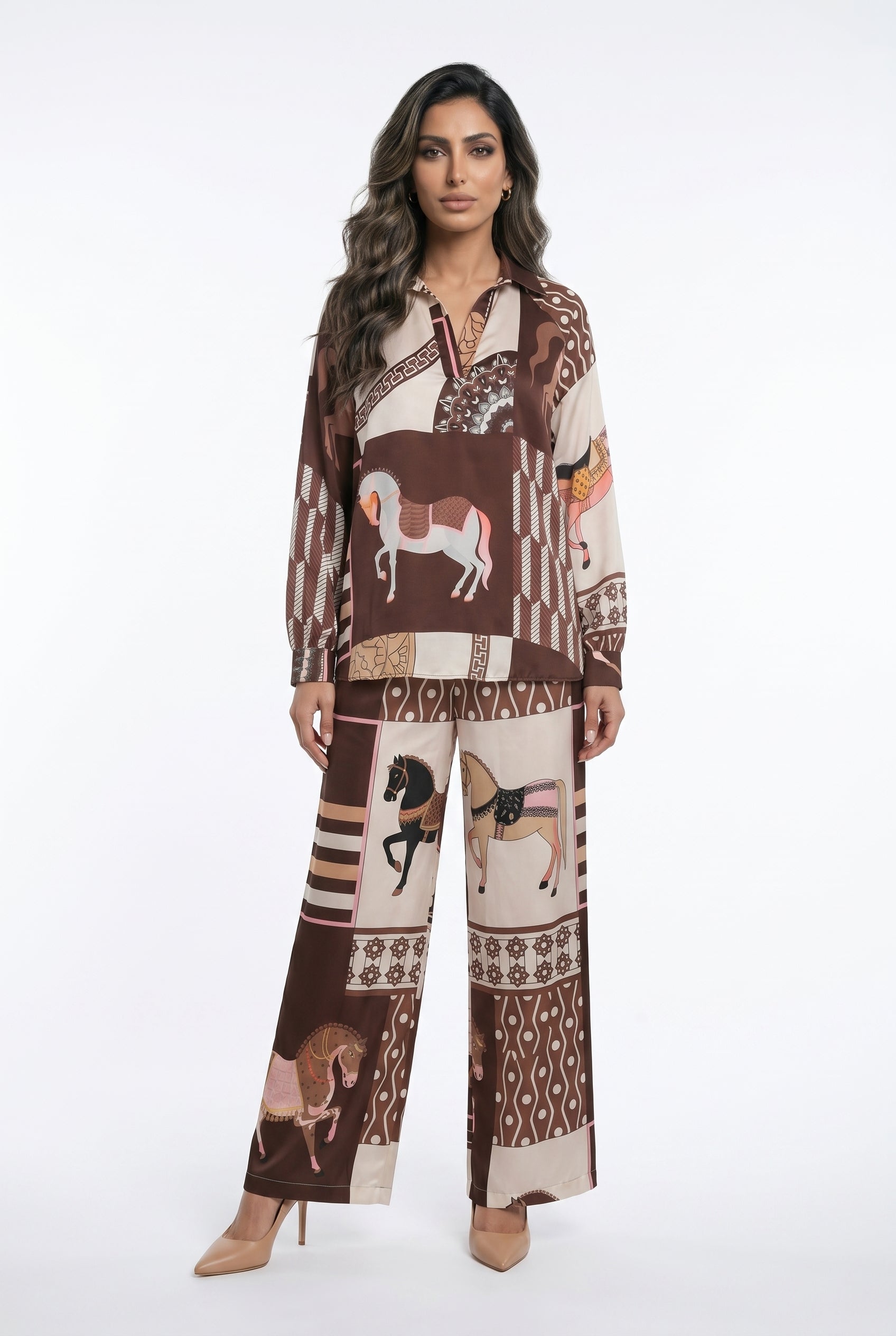 KD9966/6637-20 Equestrian Printed Satin Top and Pants - Brown Loft