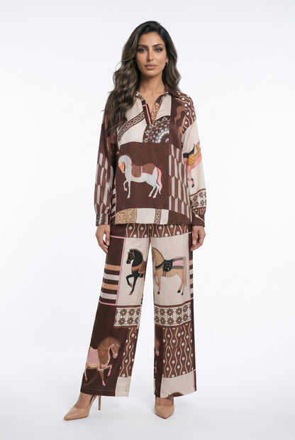 KD9966/6637-20 Equestrian Printed Satin Top and Pants - Brown Loft