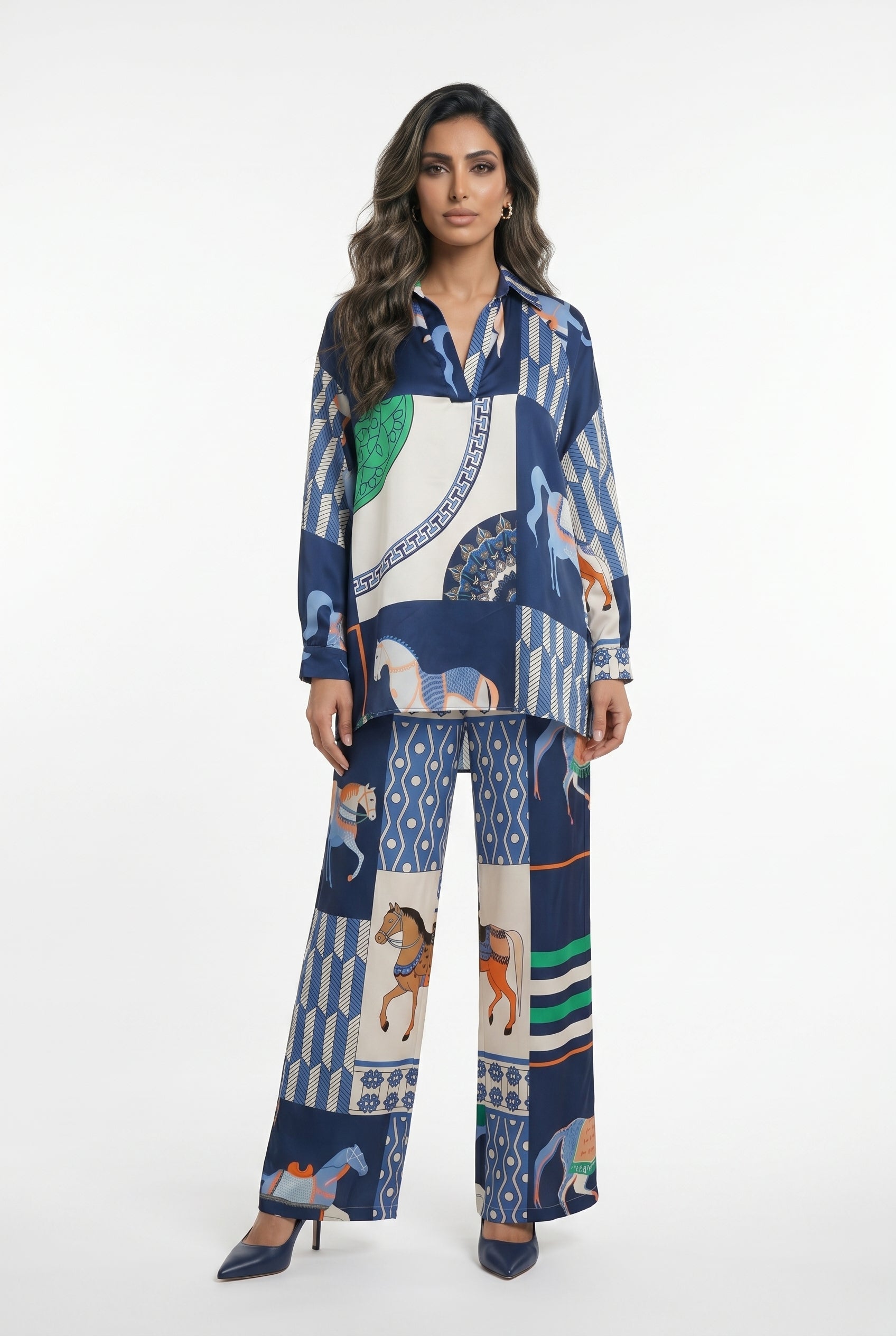 KD9966/6637-20 Equestrian Printed Satin Top and Pants - Brown Loft