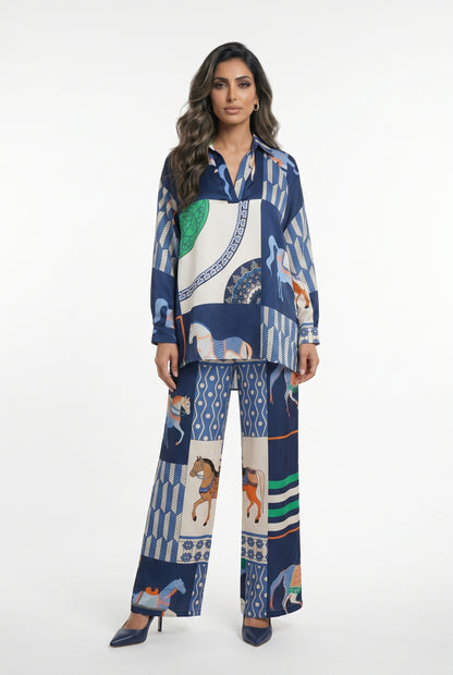 KD9966/6637-20 Equestrian Printed Satin Top and Pants - Brown Loft