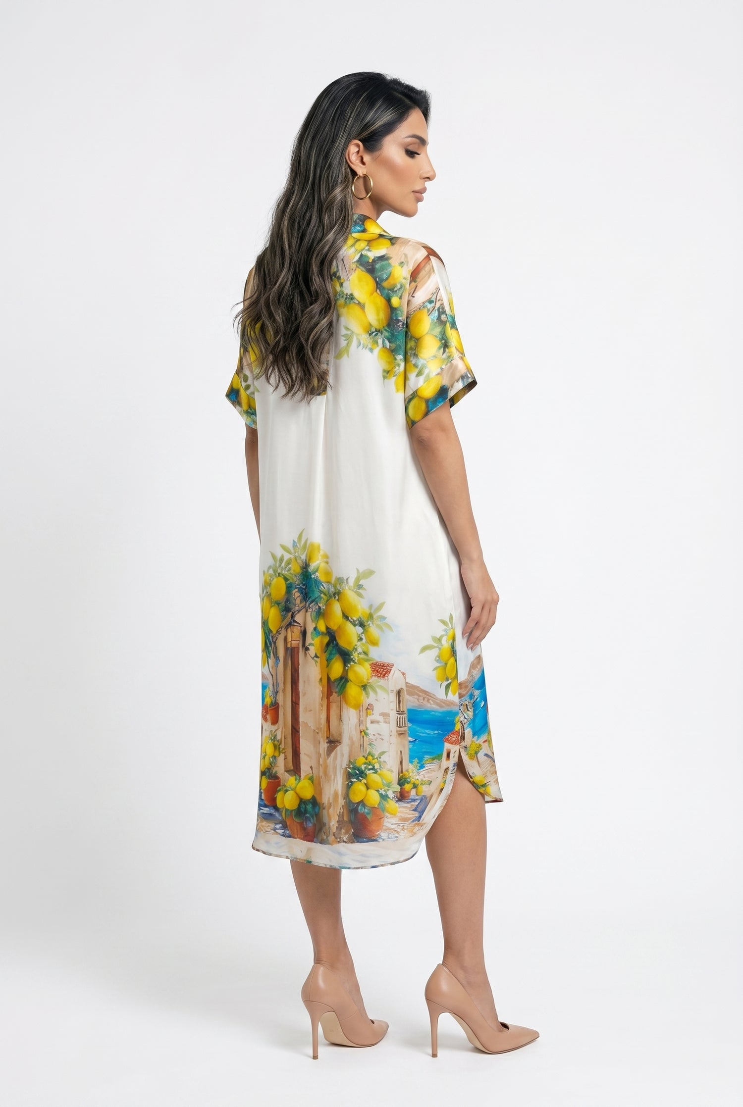 KD9960VS-36 Printed Satin Loose Fit Dress - Brown Loft