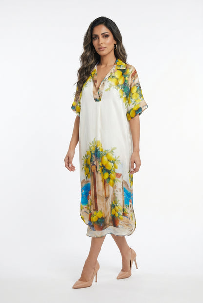 KD9960VS-36 Printed Satin Loose Fit Dress - Brown Loft