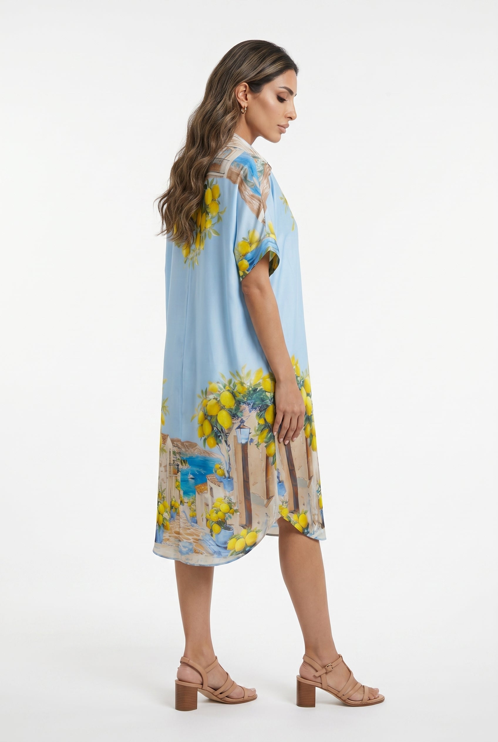 KD9960VS-36 Printed Satin Loose Fit Dress - Brown Loft