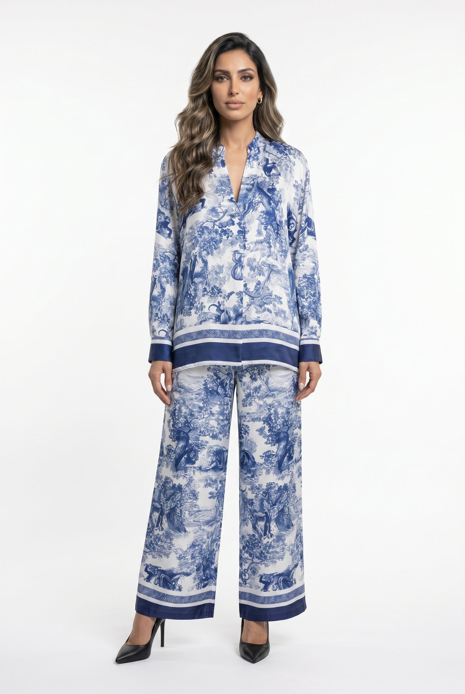 KD9968/6637-6 Toile de Jouy Satin Top and Pants - Brown Loft