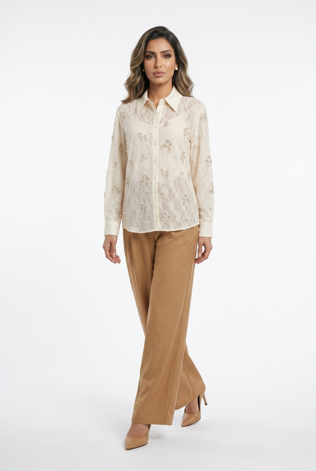 Jessy Beads/Pearls Detailed Sheer Shirt قميص شفاف مزين بالخرز/اللؤلؤ - Brown Loft