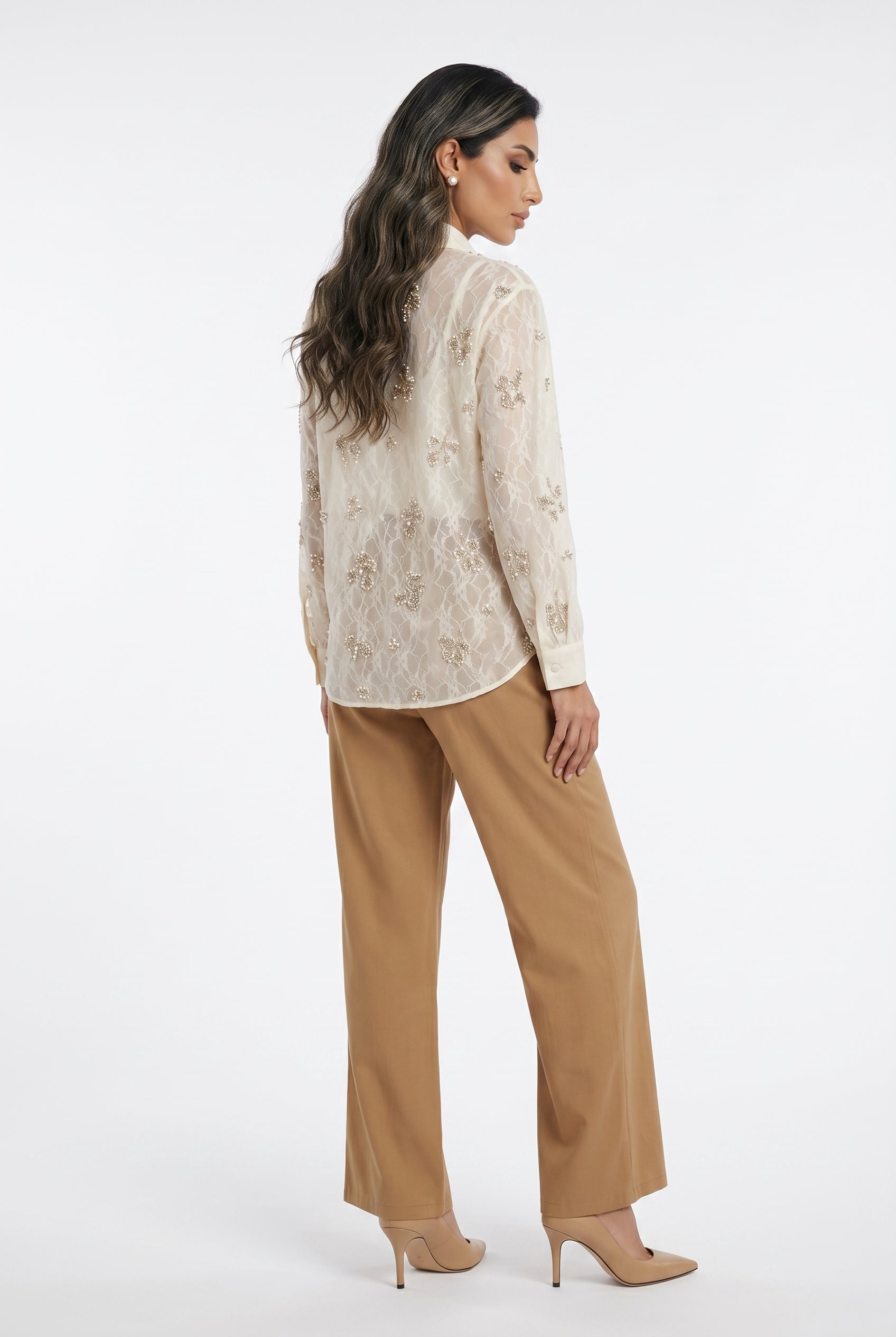 Jessy Beads/Pearls Detailed Sheer Shirt قميص شفاف مزين بالخرز/اللؤلؤ - Brown Loft