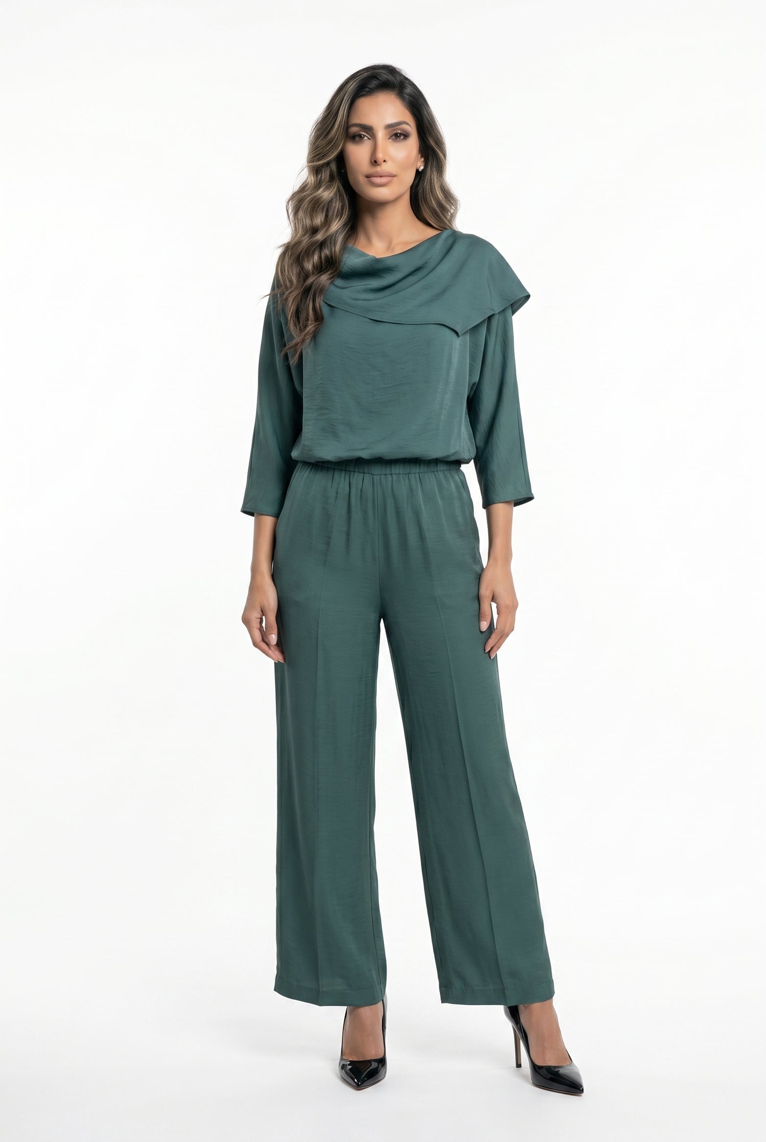 26SS-BC4055 Cowl Neckline Flowing Asymmetric Draped Top - Brown Loft