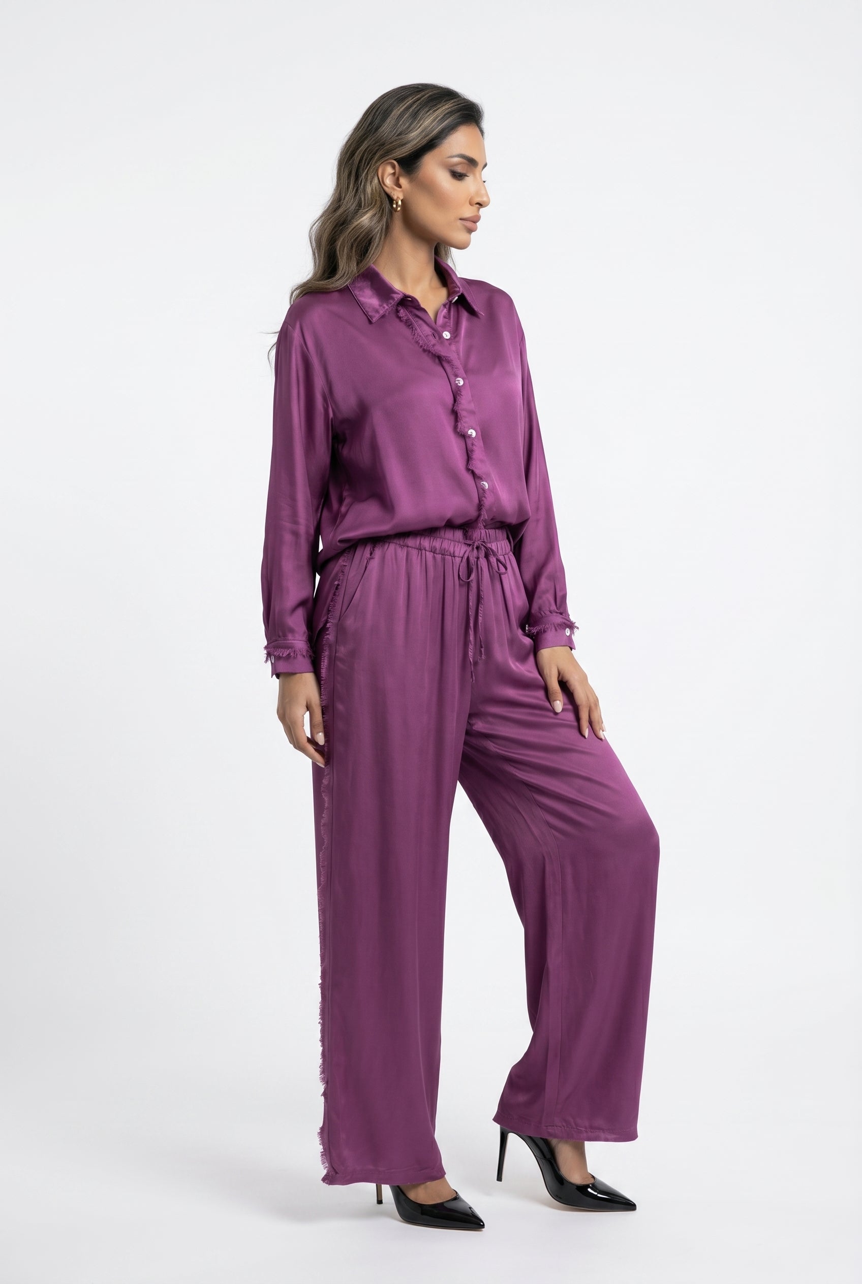 KD8607/05VS Satin Shirt and Pants قميص وبنطال من الساتان - Brown Loft