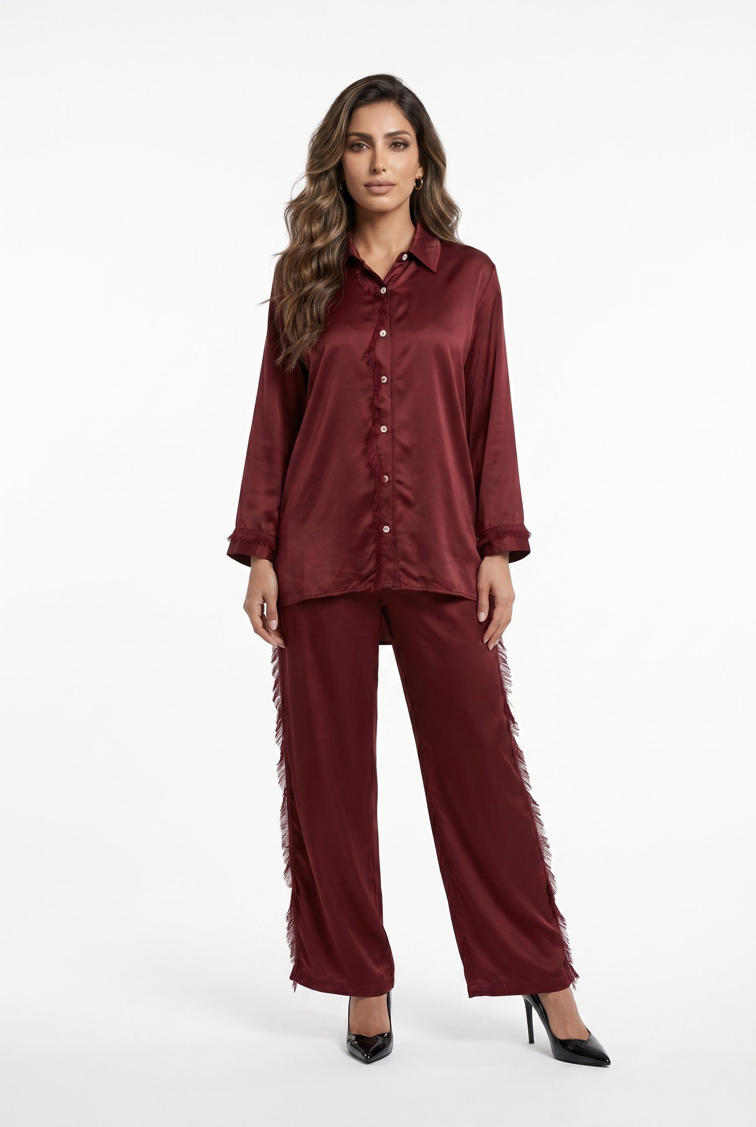 KD8607/05VS Satin Shirt and Pants قميص وبنطال من الساتان - Brown Loft