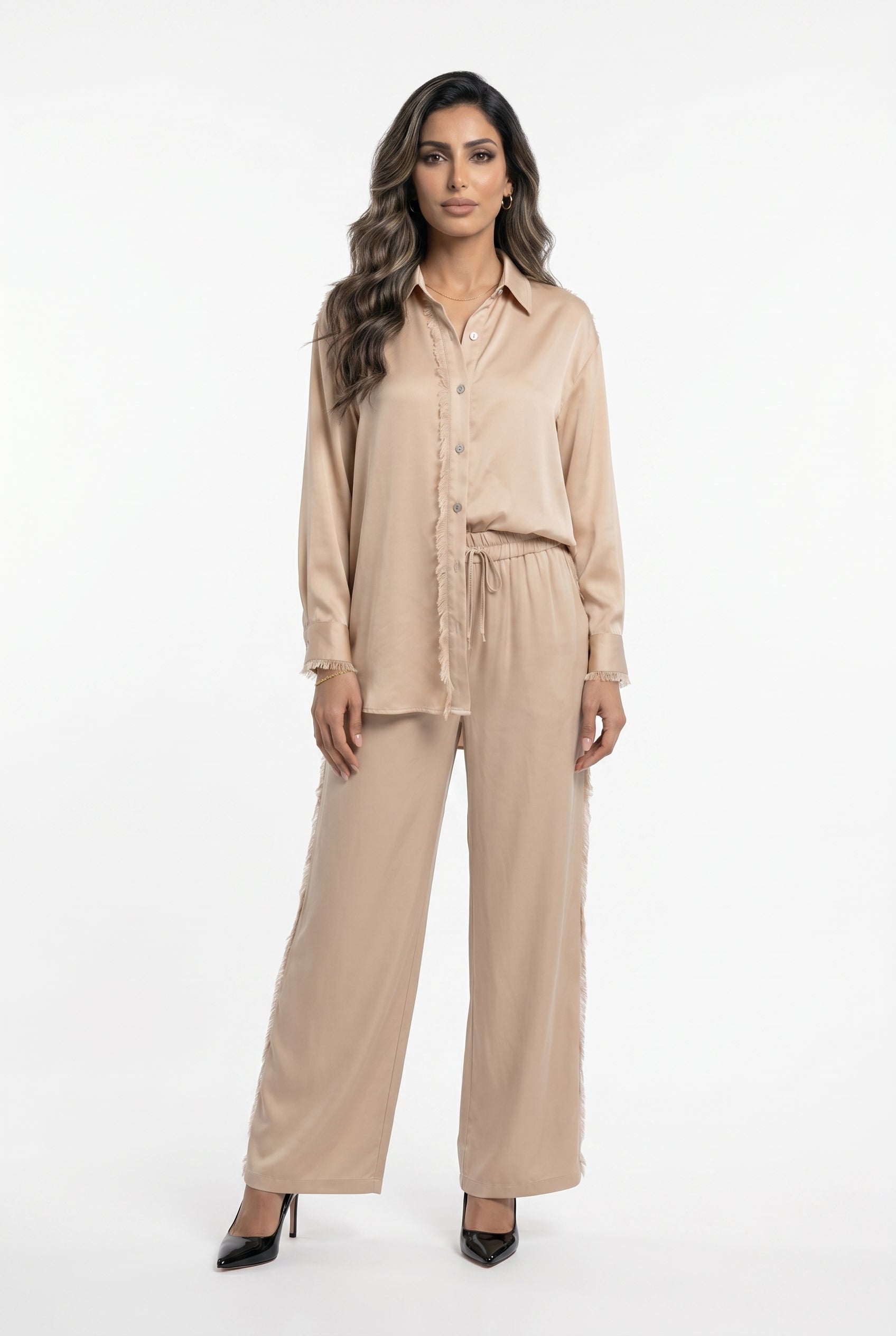 KD8607/05VS Satin Shirt and Pants قميص وبنطال من الساتان - Brown Loft