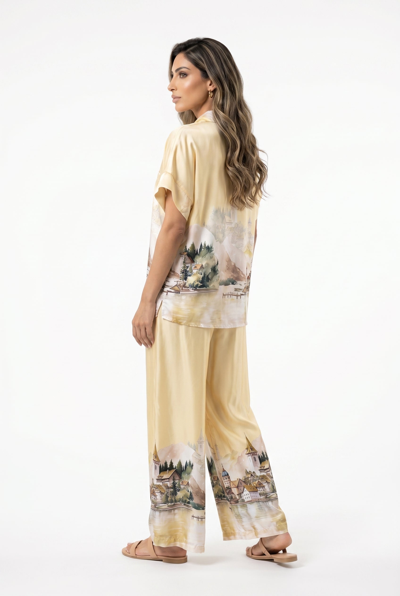 KD9157/37VS-32 Landscape Printed Satin Shirt and Pants