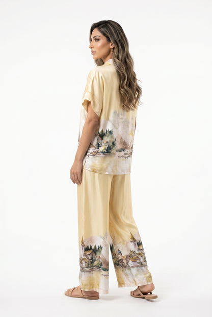 KD9157/37VS-32 Landscape Printed Satin Shirt and Pants