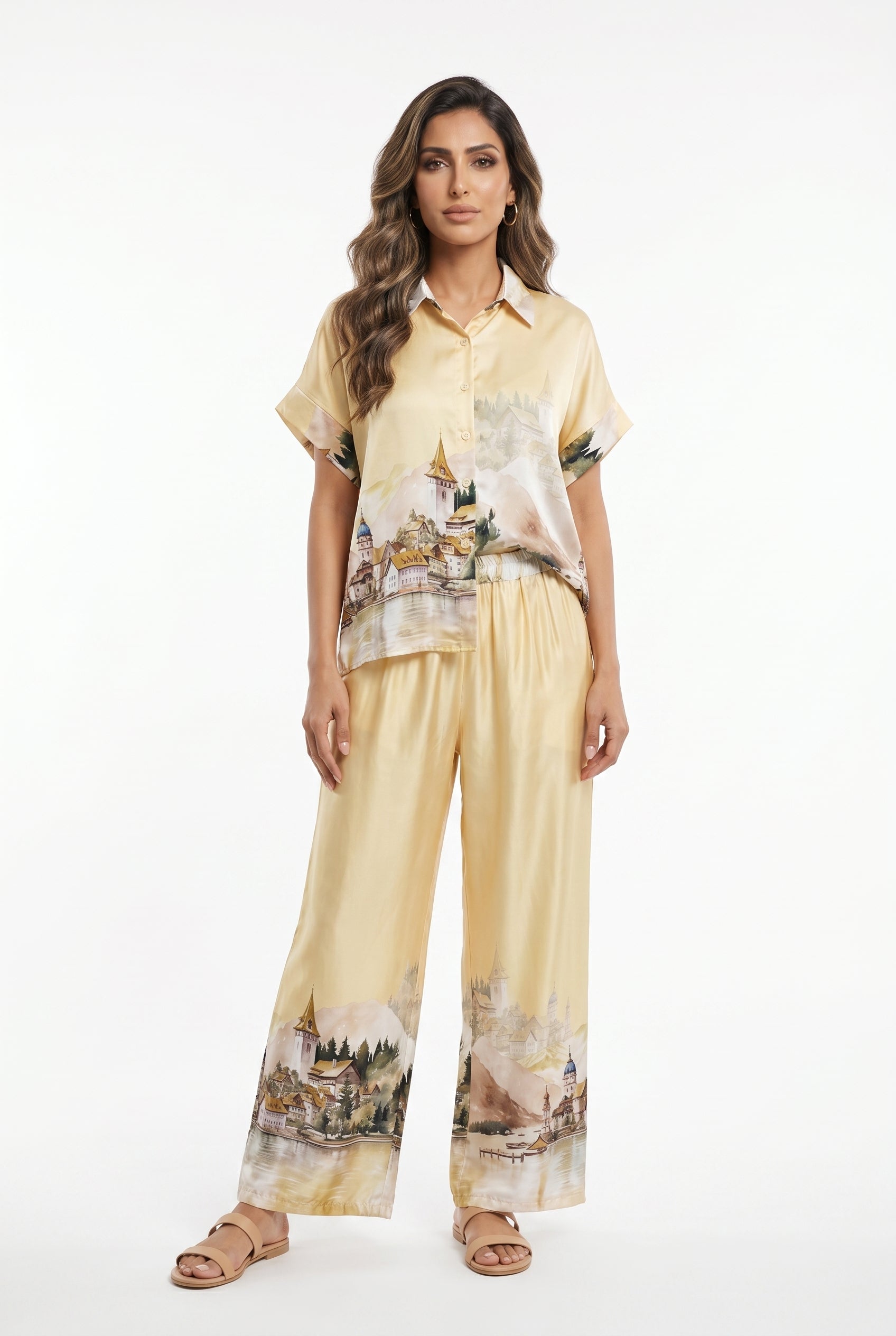 KD9157/37VS-32 Landscape Printed Satin Shirt and Pants