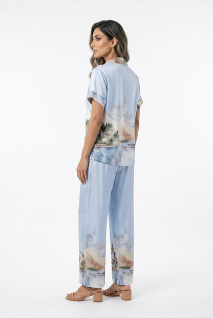 KD9157/37VS-32 Landscape Printed Satin Shirt and Pants