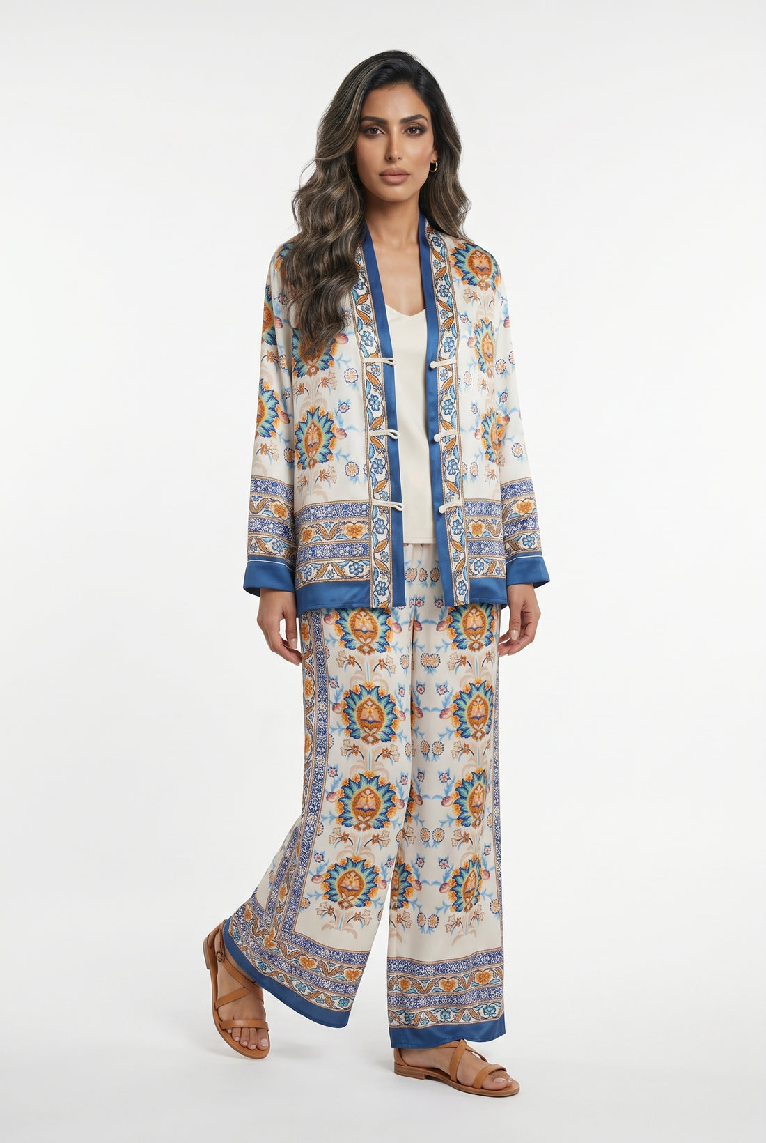 BCG03733 Printed Satin Jacket and Pants Set