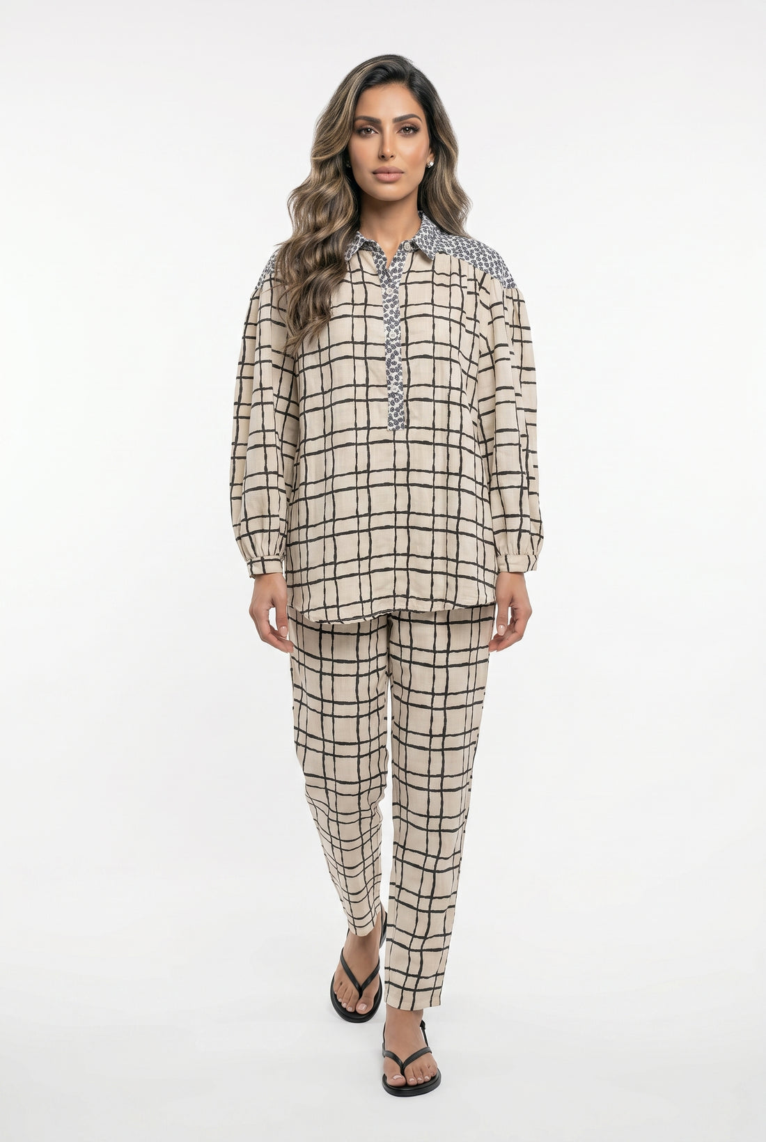 Patterned Cotton Shirt and Pants Grid Set 17928623