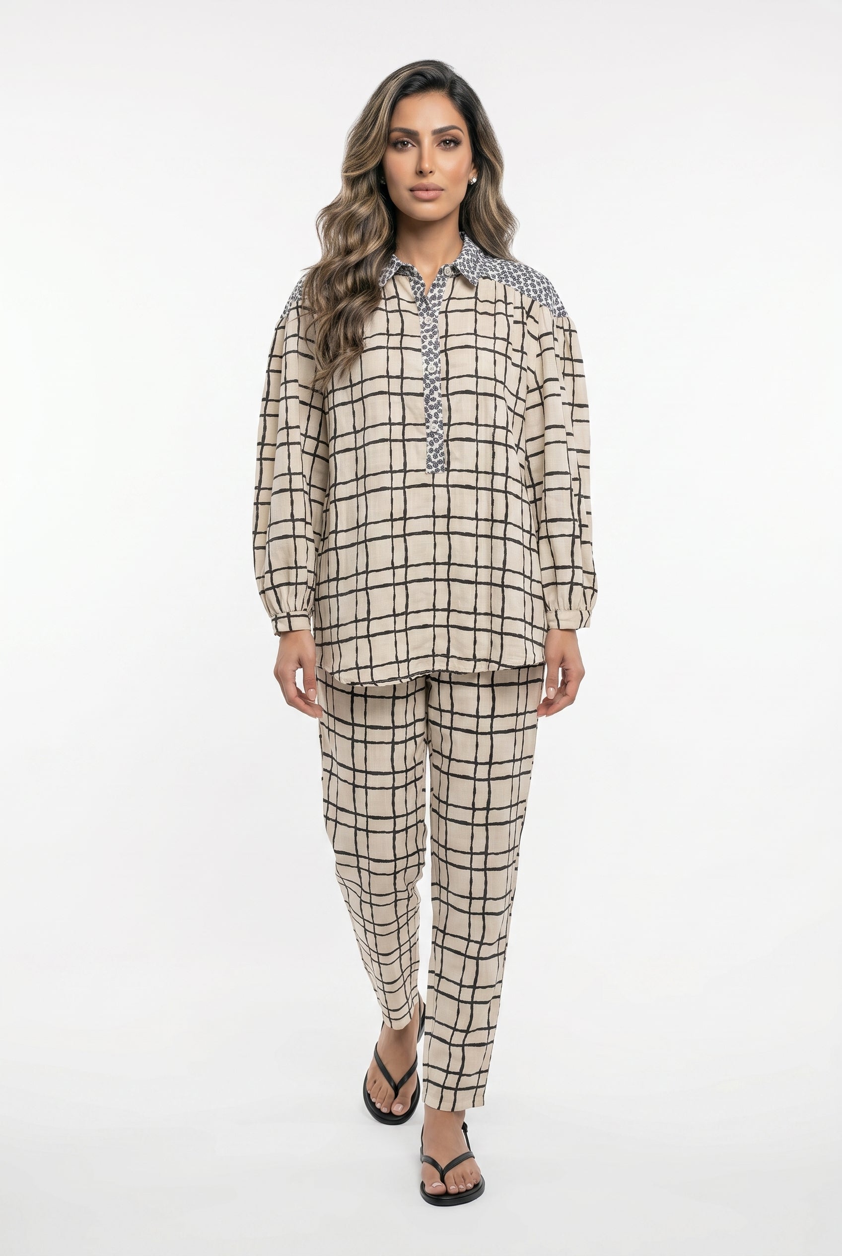 Patterned Cotton Shirt and Pants Grid Set 17928623
