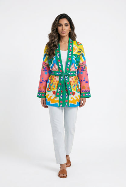 Green Illustrative Graphics Belted Kimono 67058