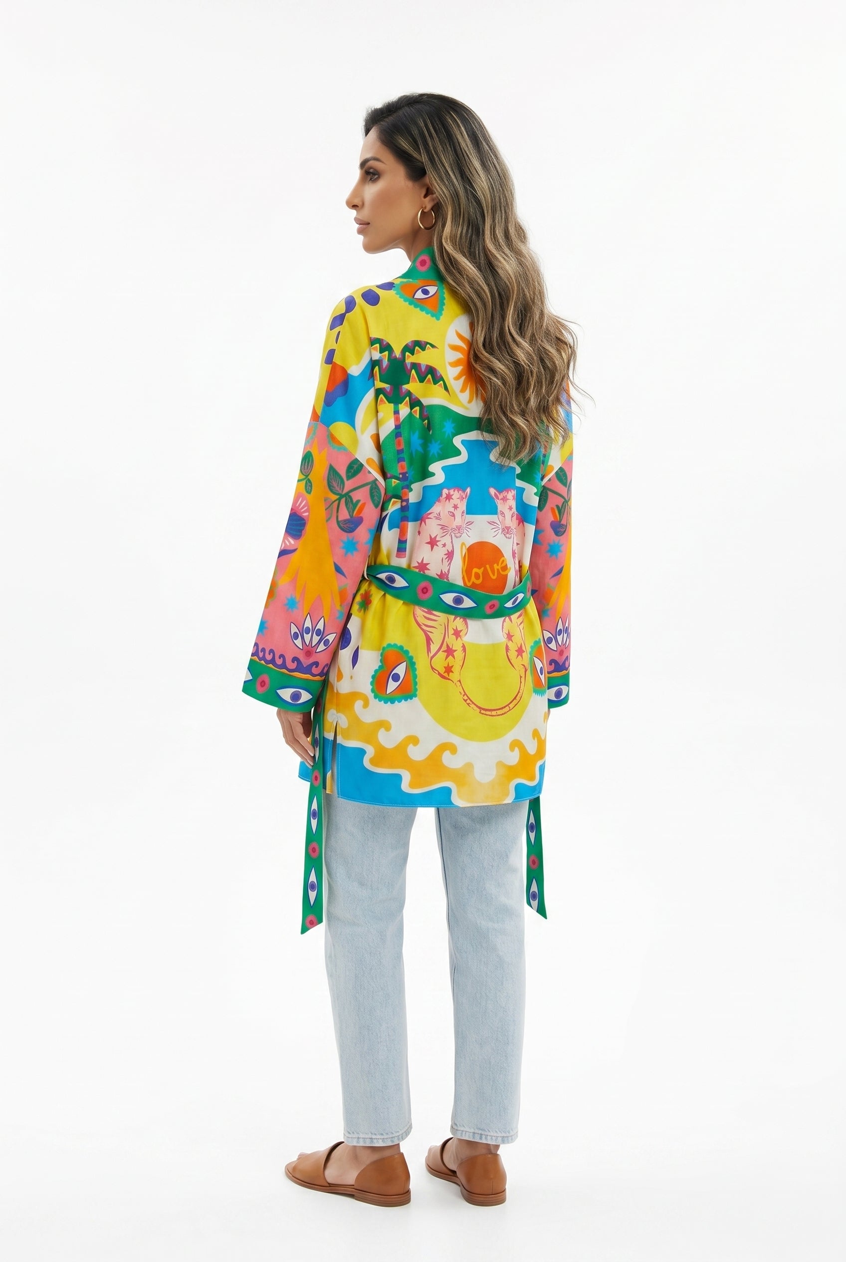 Green Illustrative Graphics Belted Kimono 67058