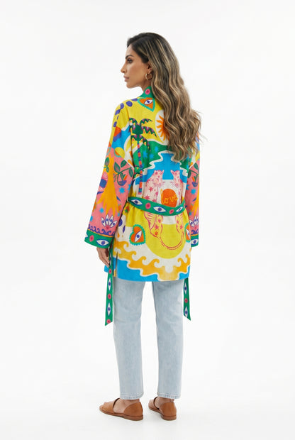 Green Illustrative Graphics Belted Kimono 67058