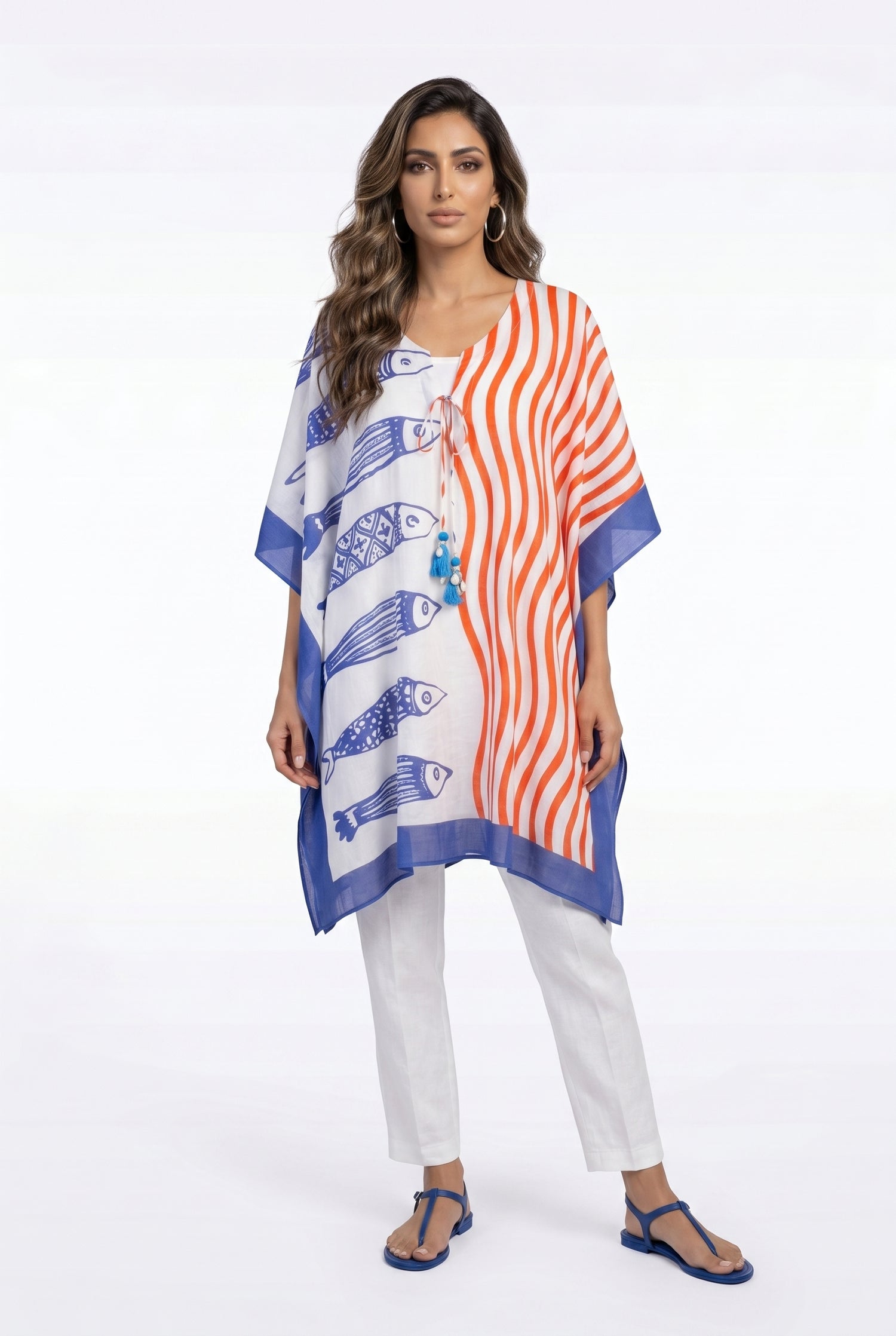 Fish Style Split Patterned Cotton Short Kaftan 68008