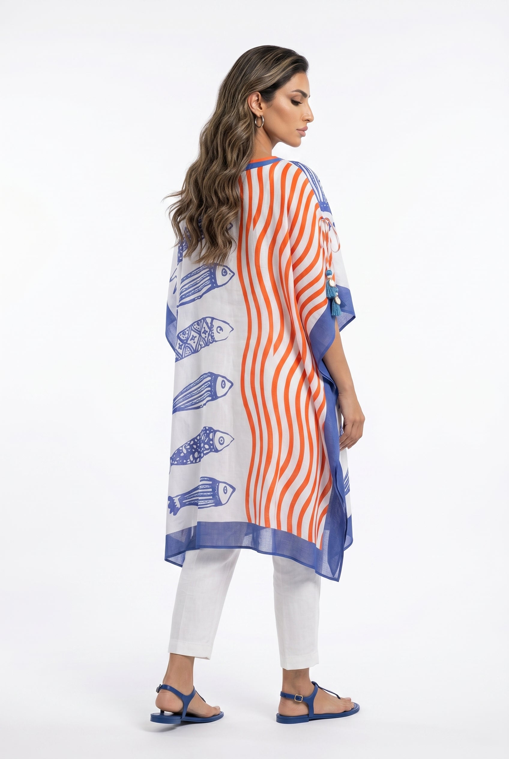 Fish Style Split Patterned Cotton Short Kaftan 68008