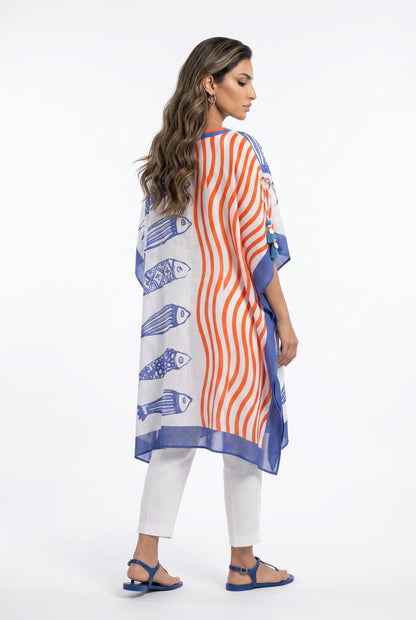 Fish Style Split Patterned Cotton Short Kaftan 68008