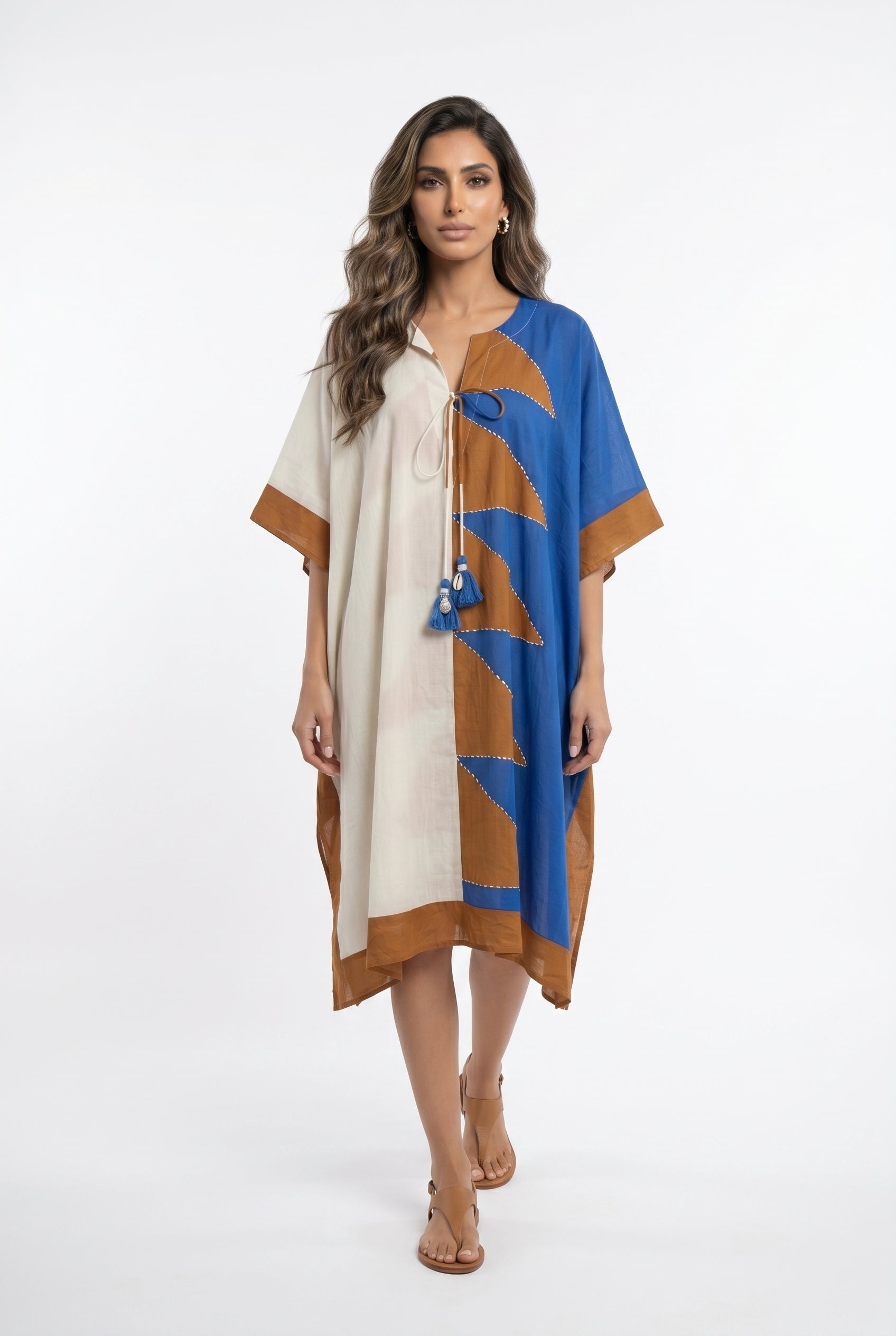 Block Patterned Cotton Short Kaftan 68008