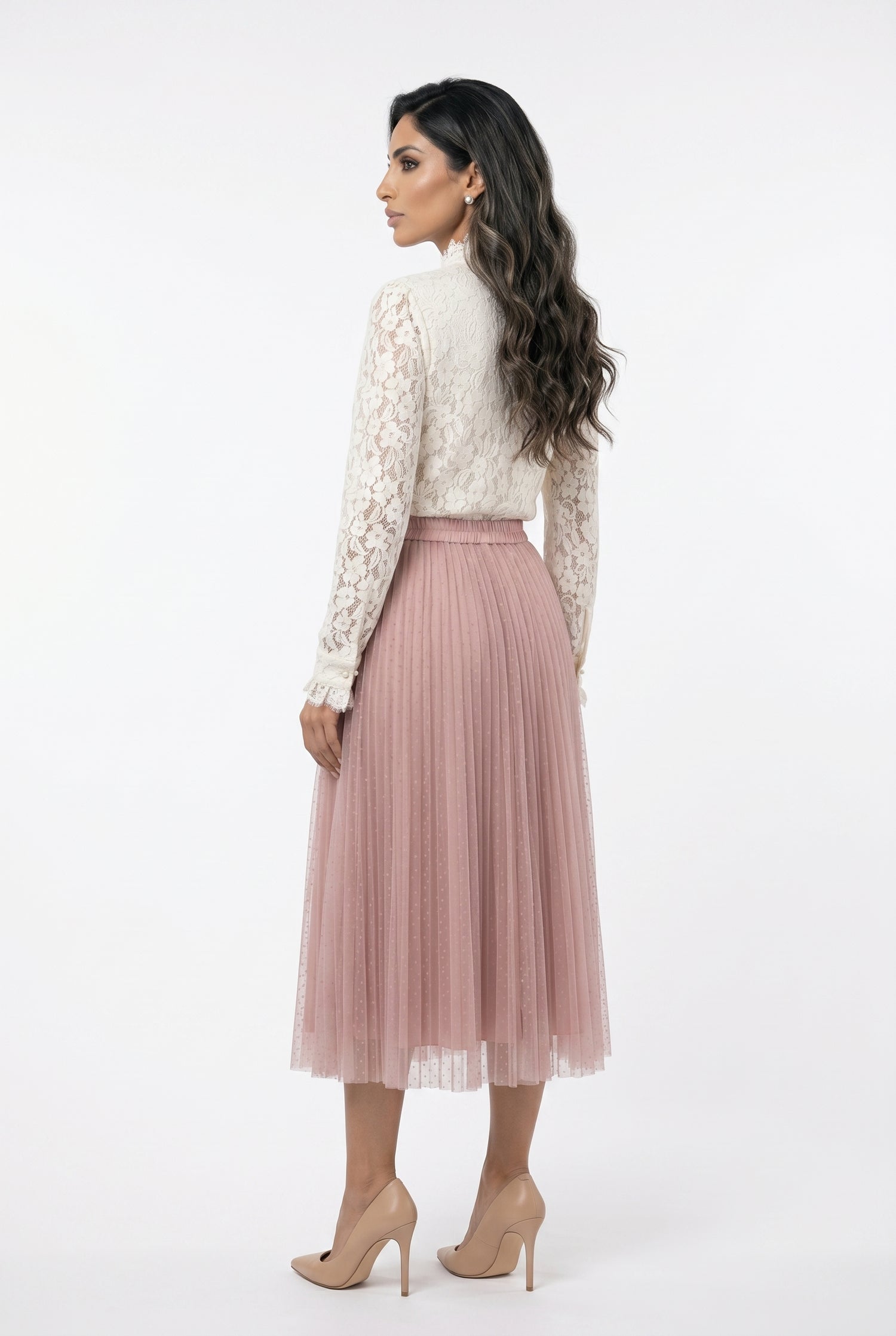 08077-3 Polka Dot Long Tulle Skirt تنورة طويلة من التول بنقاط البولكا