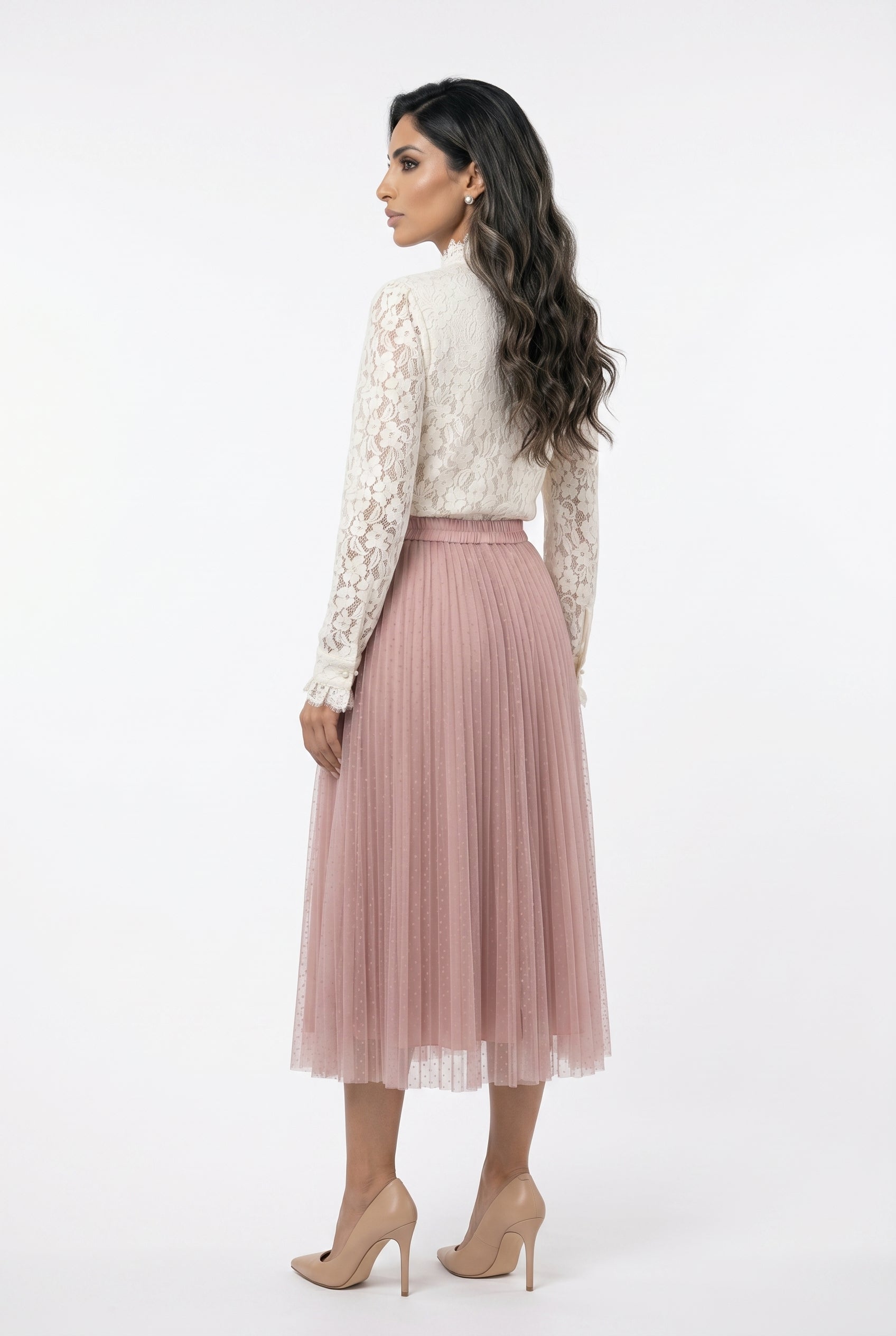 08077-3 Polka Dot Long Tulle Skirt تنورة طويلة من التول بنقاط البولكا