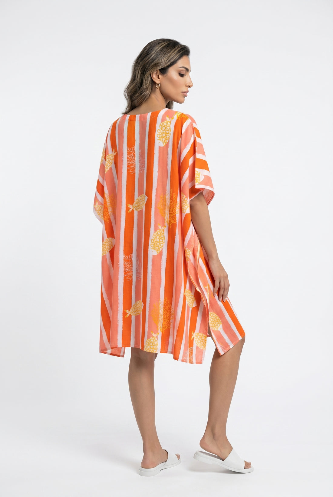68008 Stripes Patterned Cotton Short Kaftan