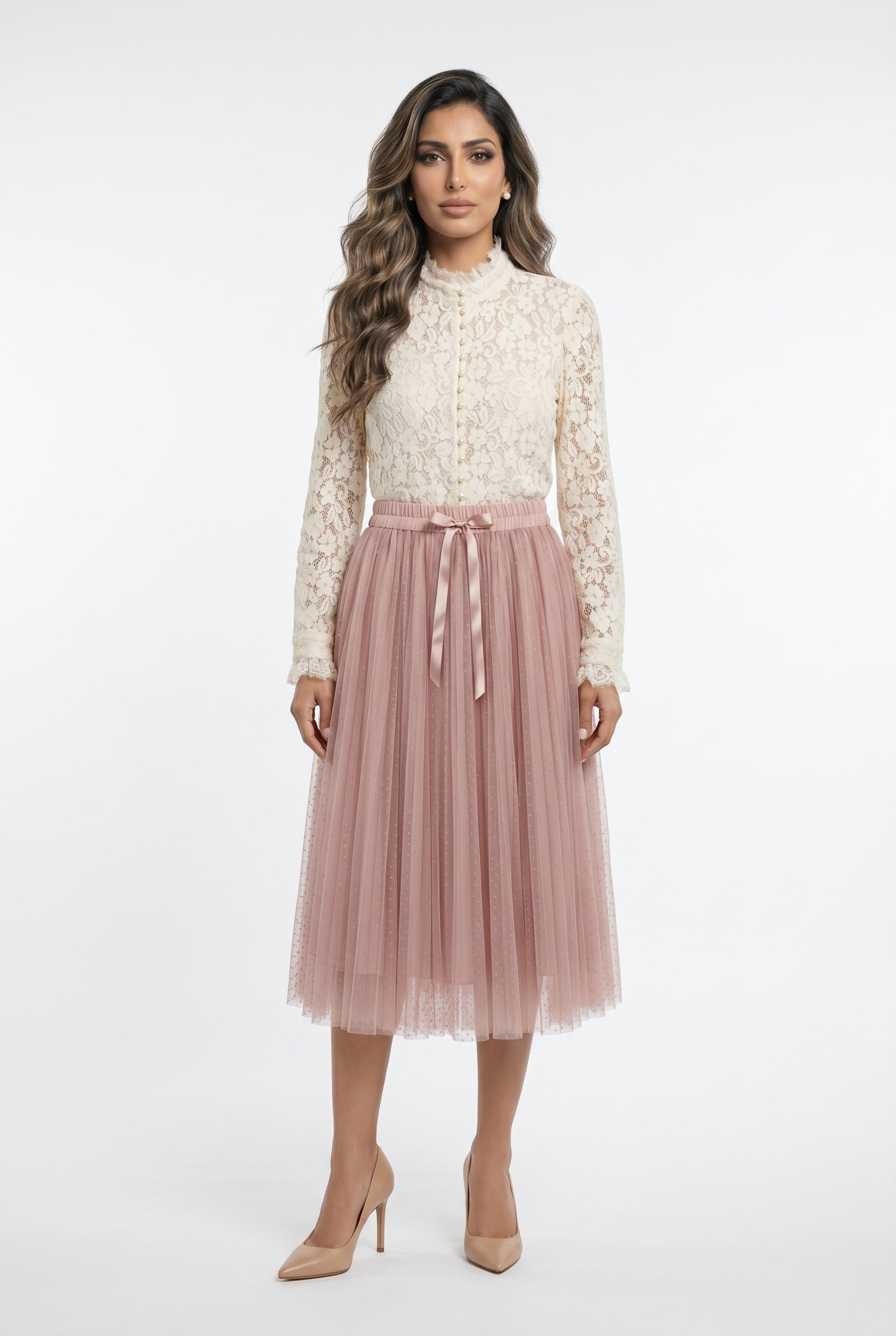 08077-3 Polka Dot Long Tulle Skirt تنورة طويلة من التول بنقاط البولكا
