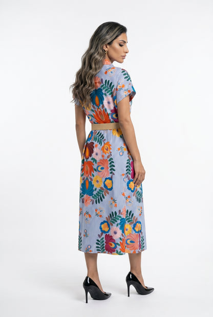 Striped Floral Printed Long Dress TDM19826