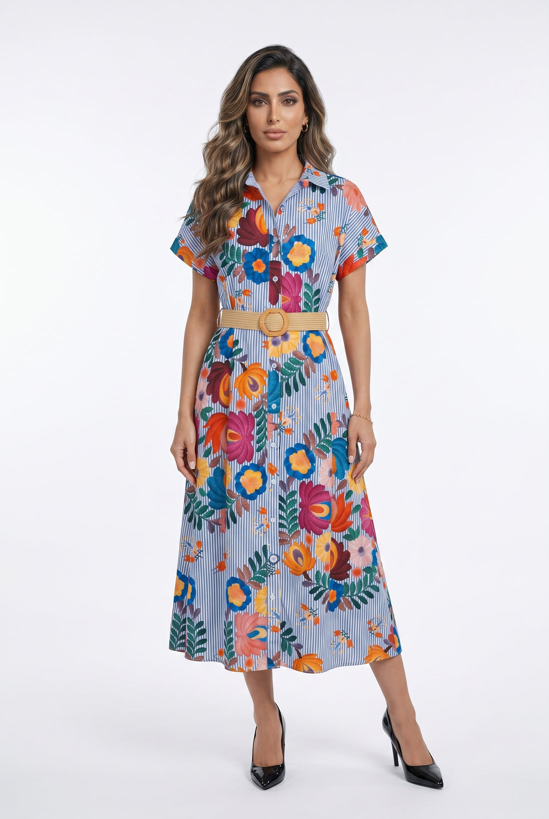 Striped Floral Printed Long Dress TDM19826