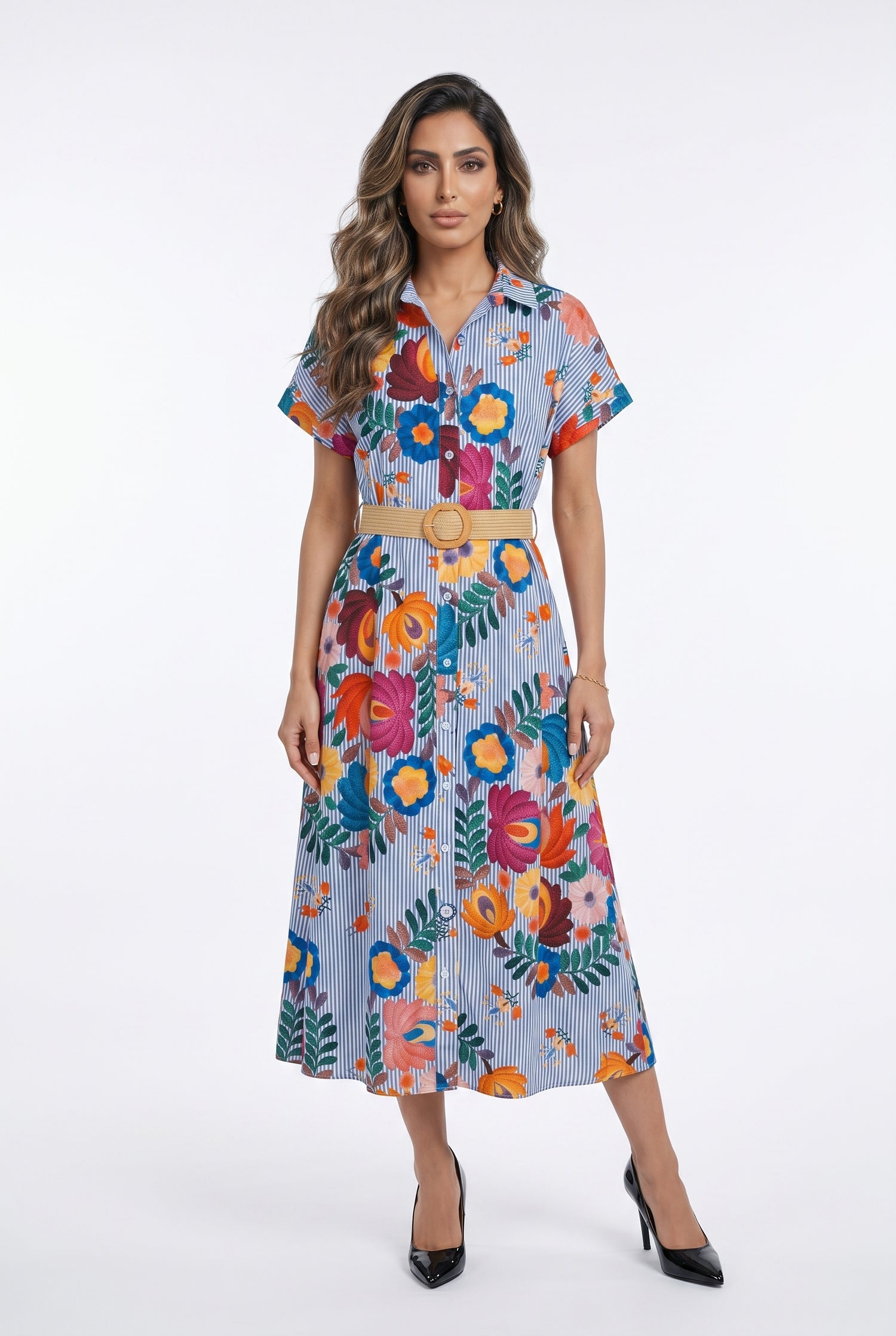 Striped Floral Printed Long Dress TDM19826