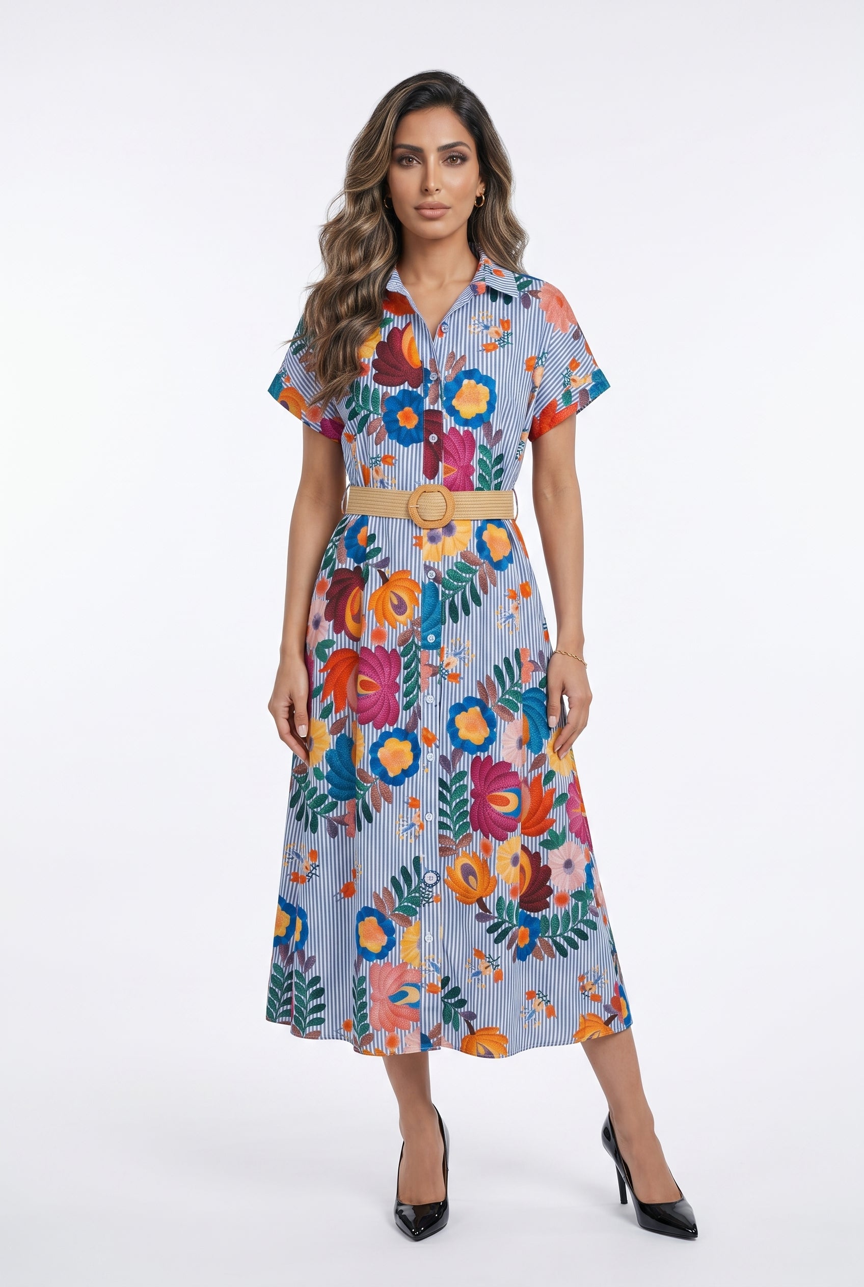 Striped Floral Printed Long Dress TDM19826