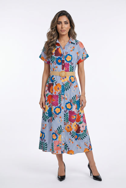 Striped Floral Printed Long Dress TDM19826