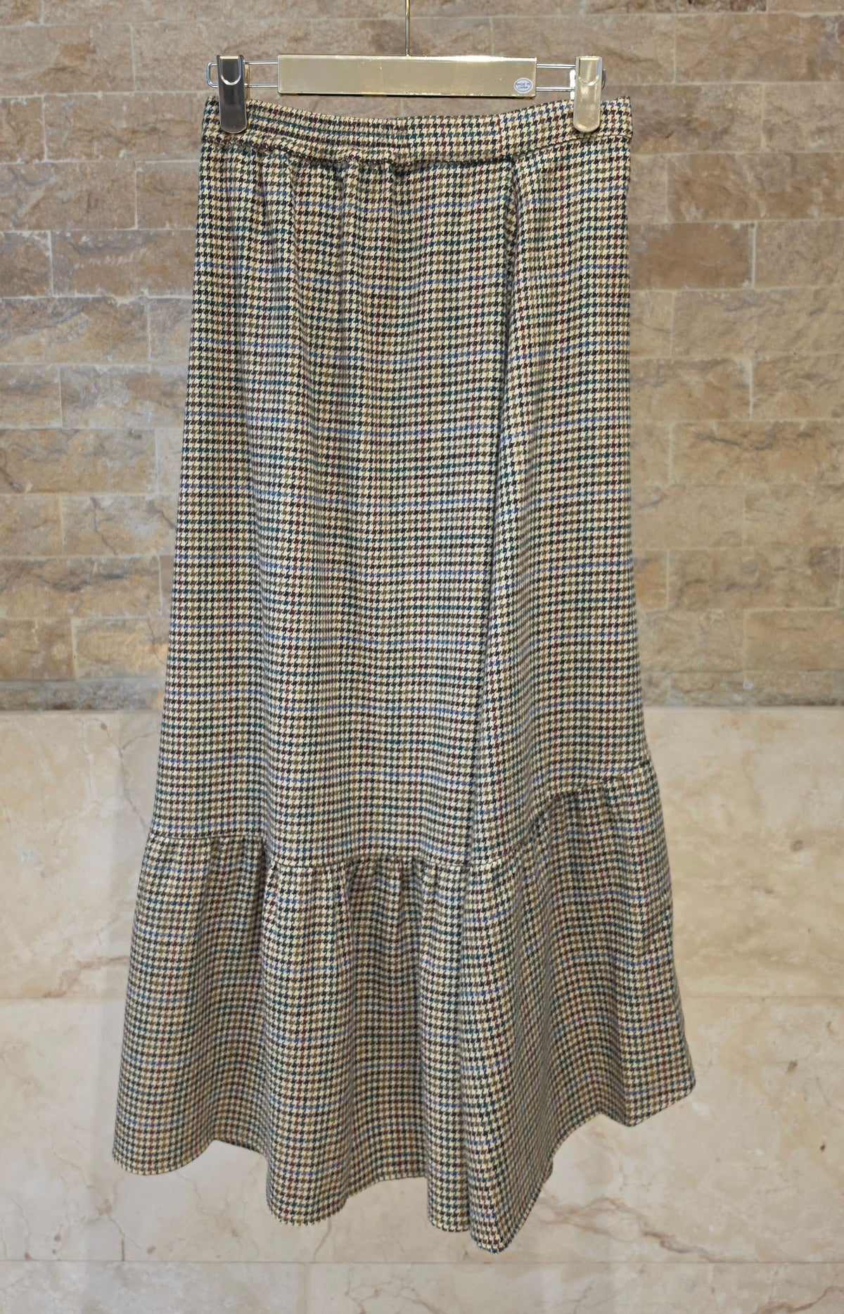 34009 Camel and Black Plaid Midi Skirt