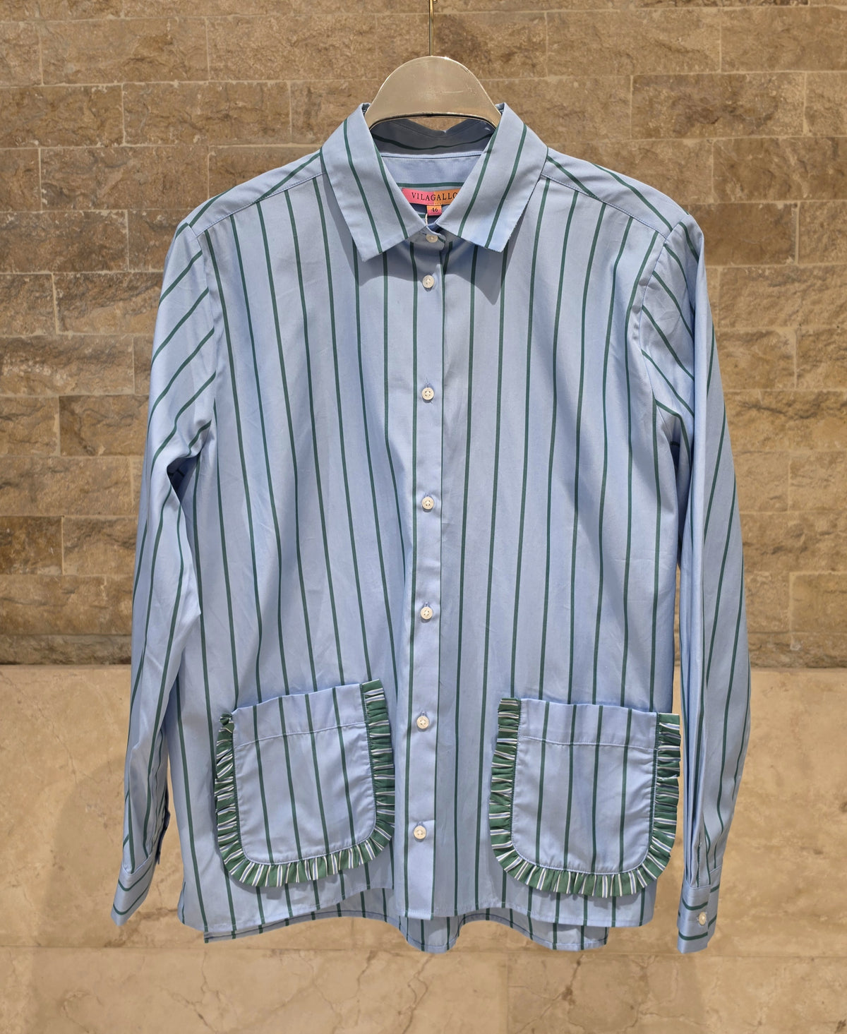 33902 Green Striped Shirt With Ruffle Pockets