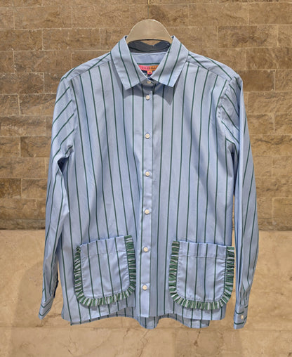 33902 Green Striped Shirt With Ruffle Pockets