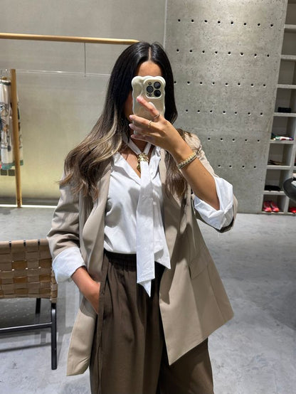 53-1063 جاكيت مزود بأزرار فردية وياقة لابيل - Brown Loft