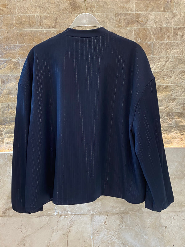 2502005/4001 Pinstripe Bomber Jacket and Straight Cut Pants جاكيت بومبر مخطط وبنطلون بقصّة مستقيمة