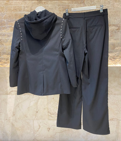 2502020/4014 Pinstriped Jacket with Detachable Hood and Classic Straight Pants - Brown Loft