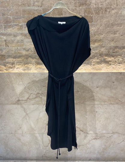 25S-3015 Collared Boat Neckline Loose Tencel Dress - Brown Loft