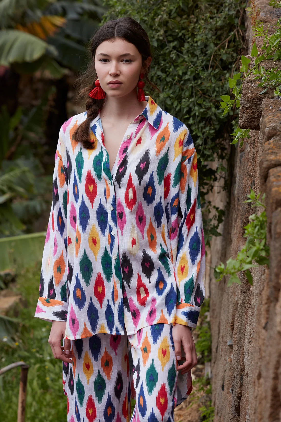 Naiara Sets Oversized Ikat Print Linen Shirt and Pants