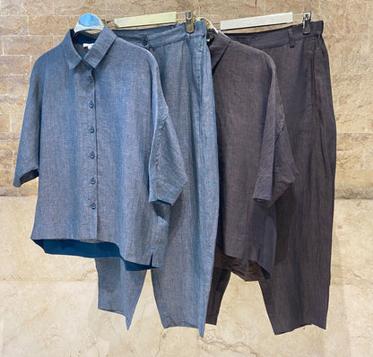 26S-1092/8093 Oversized Linen Shirt and Pants قميص وبنطال من الكتان واسع - Brown Loft